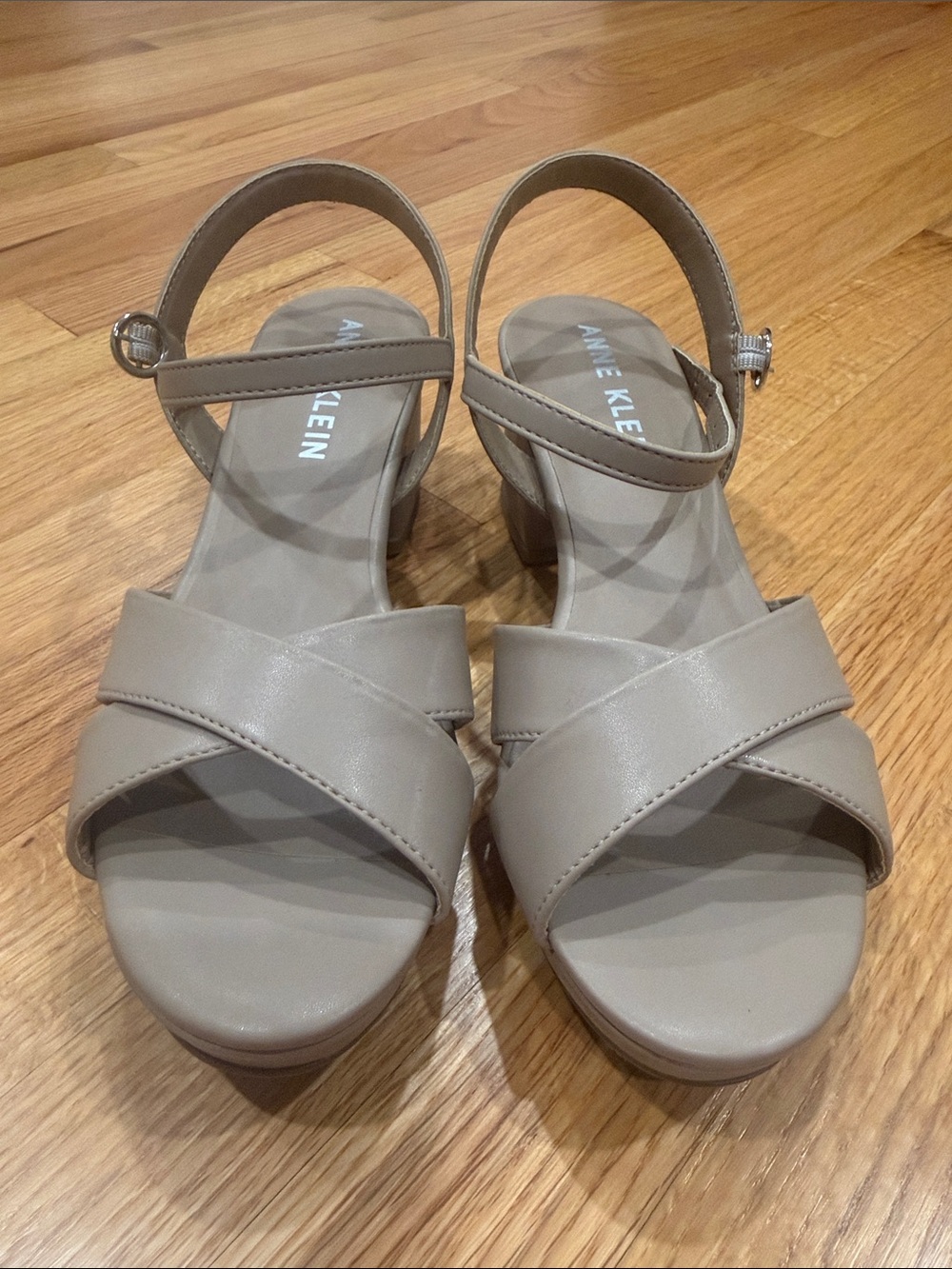 Anne Klein Neutral Taupe Cross-Strap Block Heel Sandals